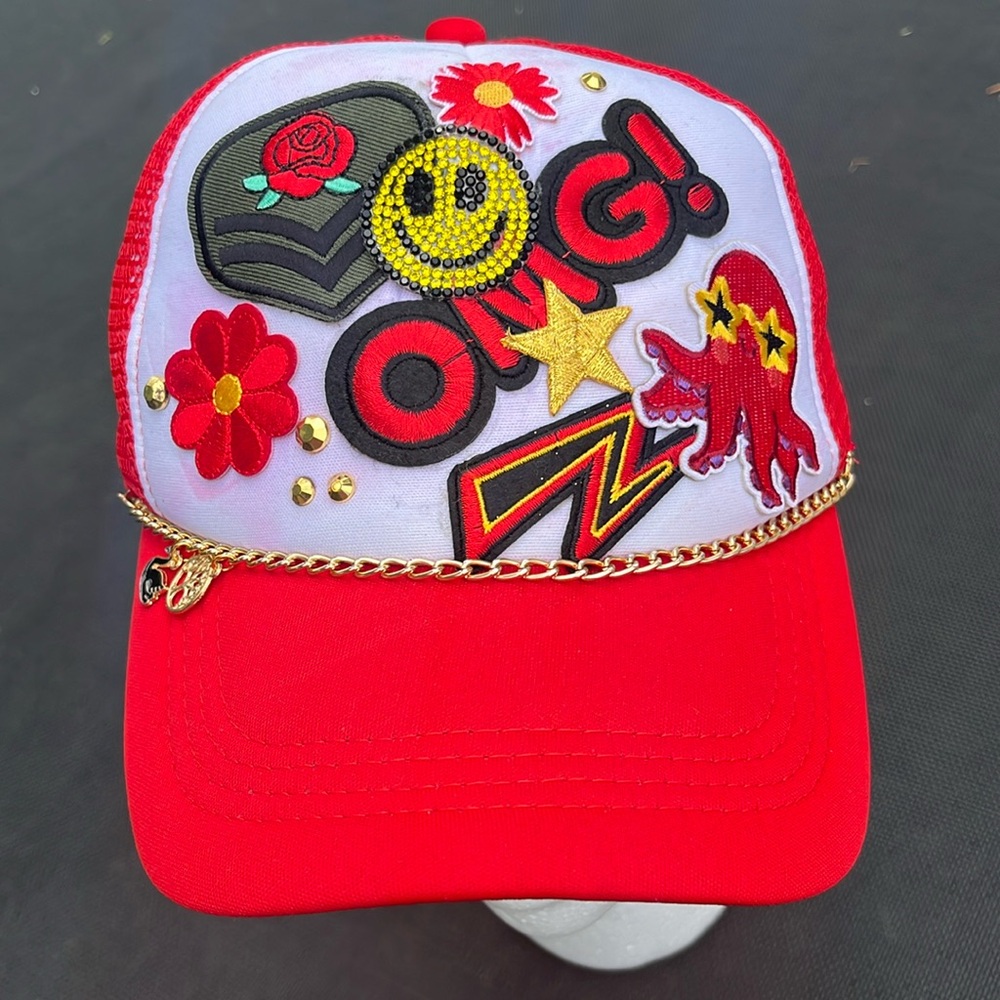 Trucker Hat with hat chain,charms and patches Spot clean only. Make offer
